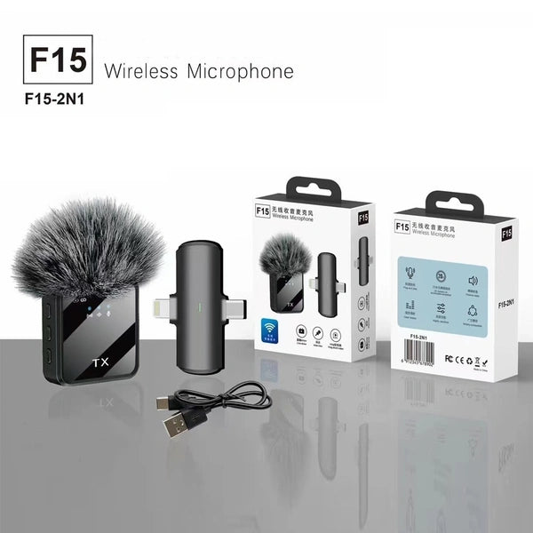 Microphone 2 en 1 sans fil Lavalier F15 Type-c + Iphone +